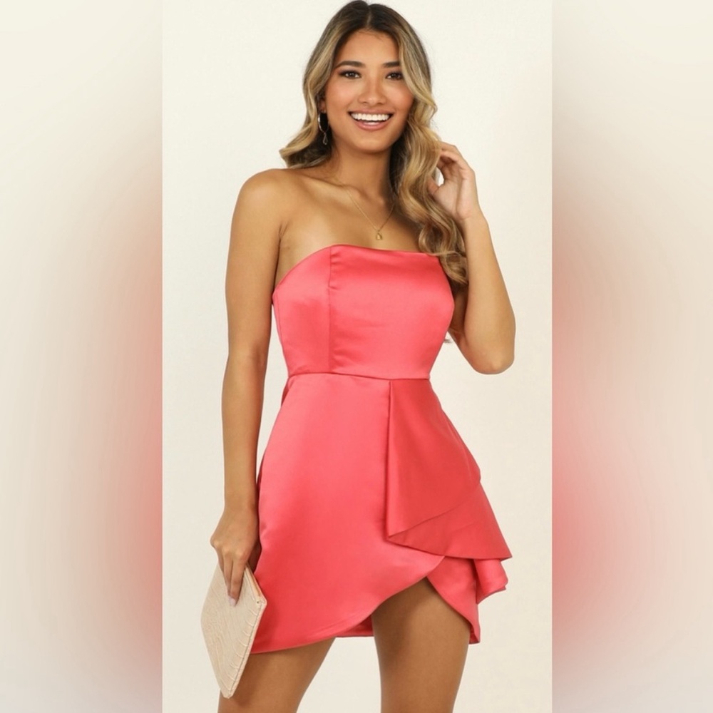 Showpo ‘Isn’t She Lovely’ Satin Dress in Coral Pink Strapless Size 6